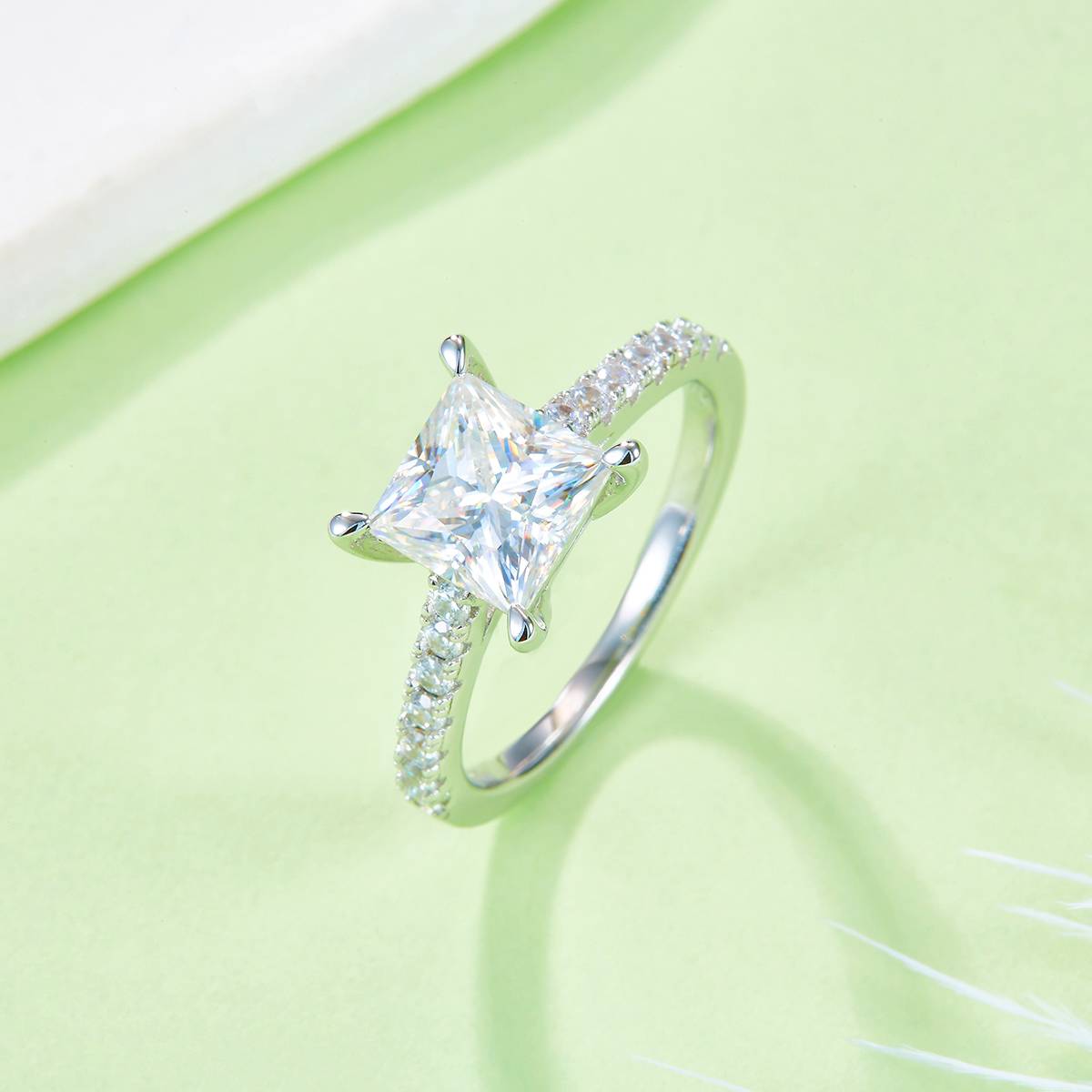 Micro inlaid square S925 silver plated white gold moissanite diamond women's ring 2.0 carats D-grade